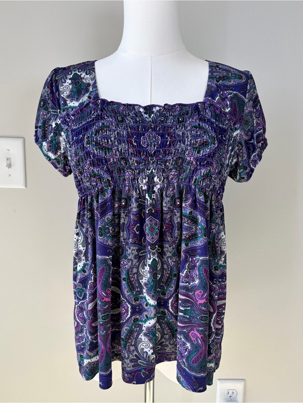 AB Studio Y2K Purple Paisley Print Smocked Blouse Early 2000s Boho Artsy